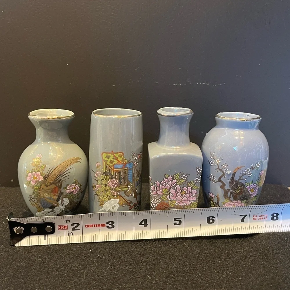 Vintage Mini Vases Gray Made in Japan Set of 4 Floral, Pagoda, Pheasants Design